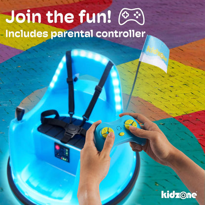 Kidzone Smart Bumper Car for Toddlers & Kids, 12V Electric Ride-On with APP & Remote Control, LED Lights, Bluetooth Music, 360° Spin, 66-Lb Capacity, Blue
