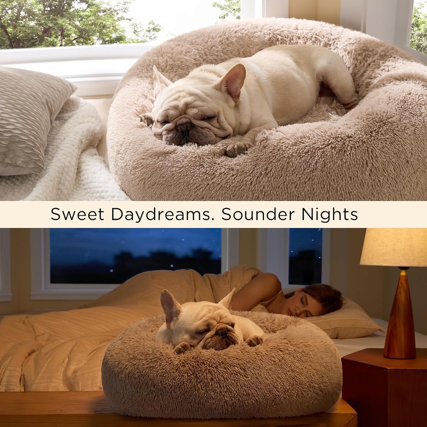 Bedsure Calming Dog Bed Medium Size, 30-Inch Donut Washable Pet Bed, Round Plush Dog Bed with Raised Rim & Non-Skid Bottom, Camel