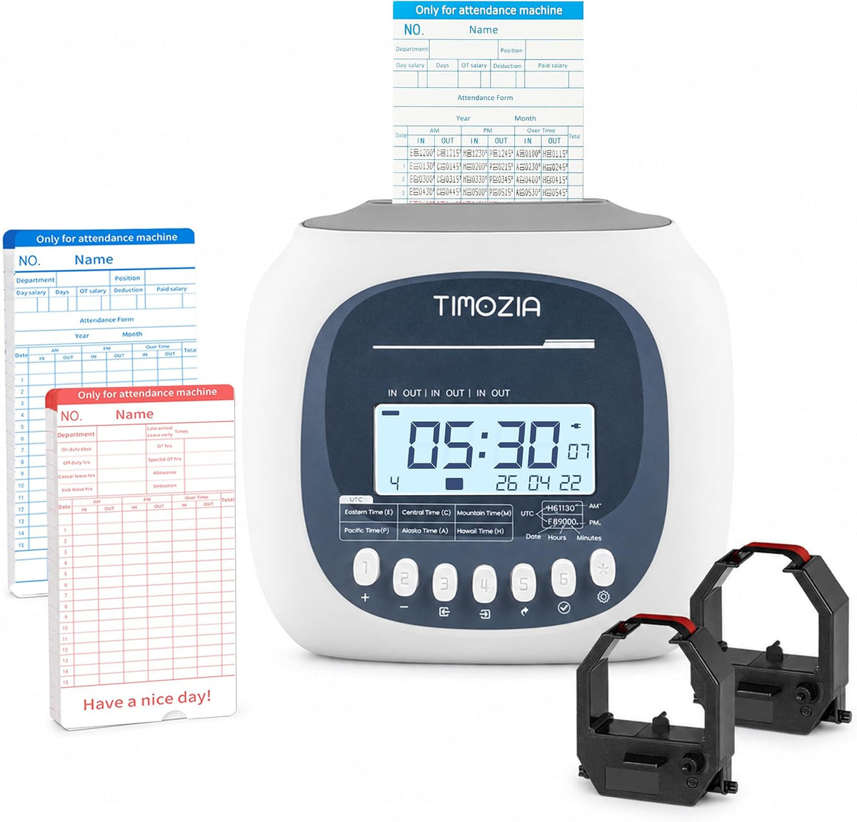 Time Clock for Employees Small Business, 6 U.S. Time Zones, Automatic Daylight Saving & Auto Time Update, Punch Card Time Recorder with 6 Punches Per Day-50 Time Cards and 2 Ribbons (White-3)
