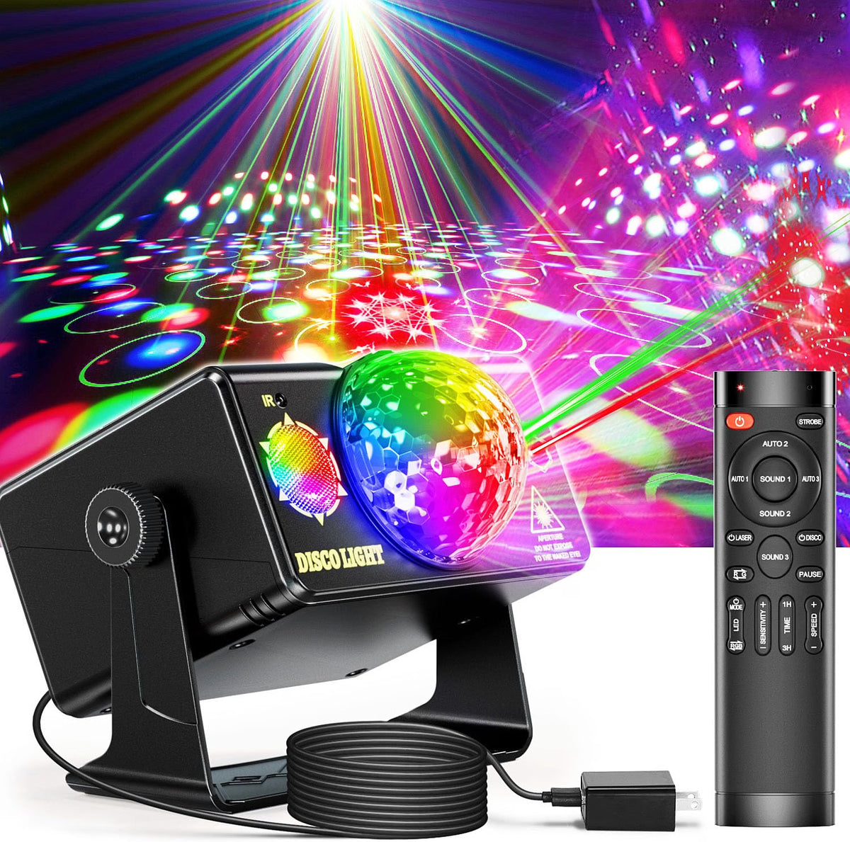 OIEZISRO 3-in-1 Disco Party Light, Sound Activated DJ Disco Ball & Strobe Stage Light with RGB LED Effects, Remote Control, Wall & Ceiling Mount, Black