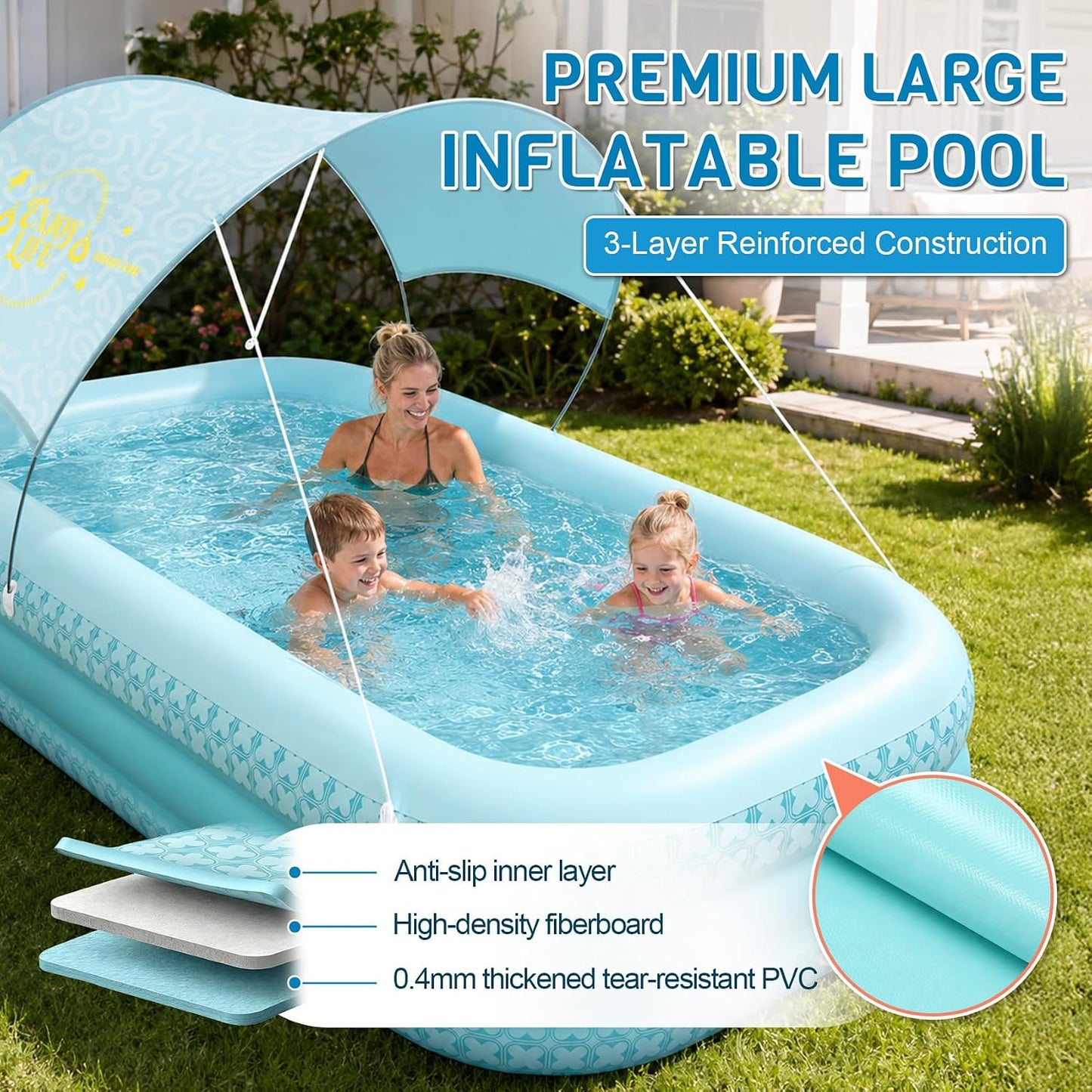 Kiddie Pool with Canopy, Extra Large Inflatable Swimming Pool with Sunshade, Reinforced PVC Family Pool with Drain Hole for Backyard, Beach and Outdoor Use