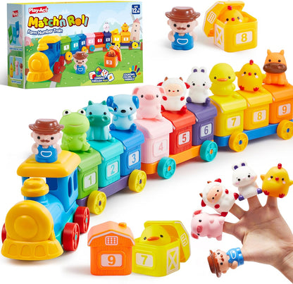 Play-Act Montessori Learning Farm Train Toy for Toddlers 1-3 Years, Counting, Matching & Sorting Train Set with 9 Farm Animals, 10 Numbered Barns & 4 Colorful Wagons
