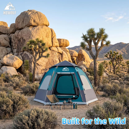 HEWOLF 2-4 Person Camping Tent, Instant Pop-Up Waterproof 2-Door 3-Season Hexagonal Dome Tent with Rainfly, Spacious Family Tent for Camping, Hiking & Travel, New Blue