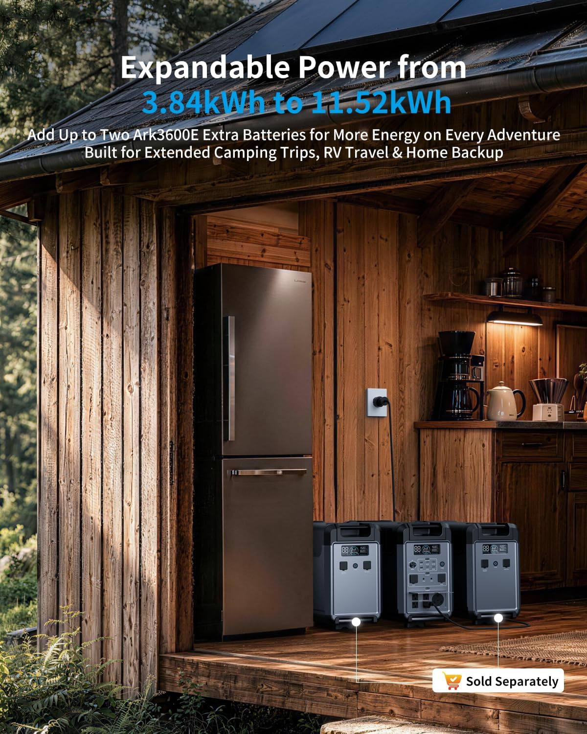 ABOK Ark3600 Portable Power Station with 3×200W Solar Panels 3840Wh LiFePO4 Battery, 3600W AC Output, Expandable to 11520Wh, 15 Outlets, Solar Generator for Home Backup, RV, Camping