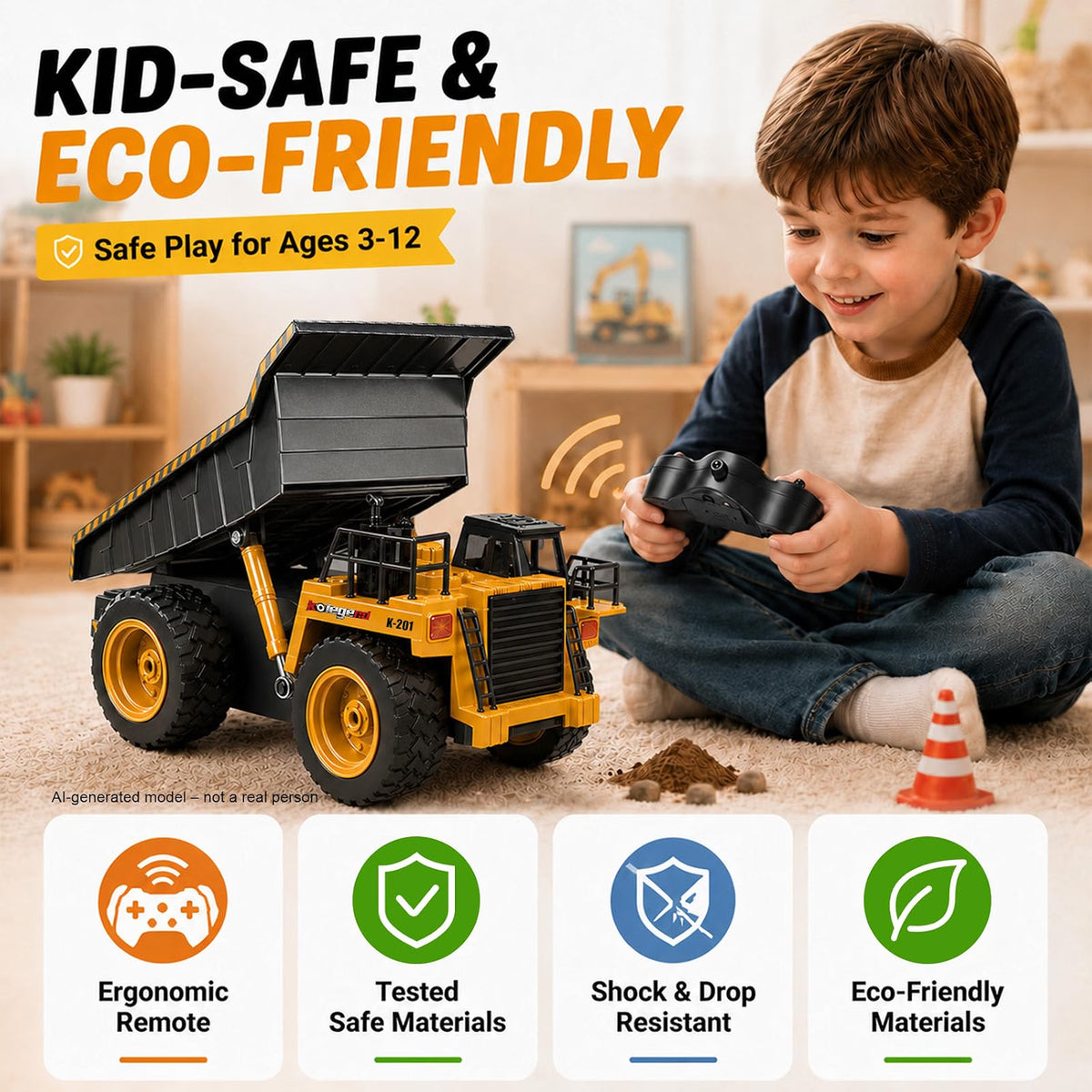 Remote Control Dump Truck Toy, 1:18 Scale 4WD RC Construction Vehicle with Working Dump Bed, LED Lights & Engine Sounds, Rechargeable Battery, All-Terrain Truck for Kids Ages 3–12
