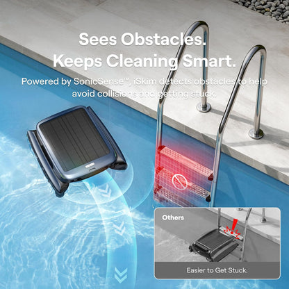Beatbot iSkim Robotic Pool Surface Skimmer, 9L Basket, 24/7 Solar Cleaning, 28-Hour Runtime, Anti-Stranding Design for Pool Steps, Smart Obstacle Avoidance, Auto Return, APP Control-Navy Blue