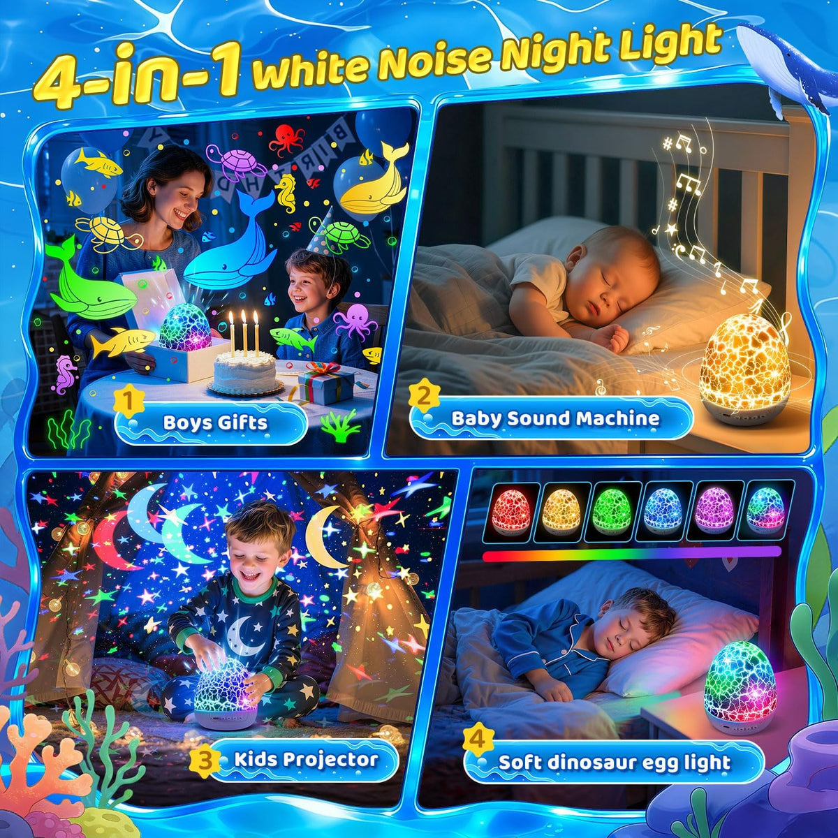Staryou Dinosaur Egg Night Light Projector for Kids, 15 Soothing Sounds, 3 Film Modes, 33 Color Effects, 360° Rotation, Remote Control, Sleep & Sensory Toy