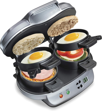 Hamilton Beach Dual Breakfast Sandwich Maker with Egg Cooker Rings & Timer Perfect for English Muffins, Croissants, Mini Waffles | Customizable & Fast |PFAS-Free | Silver | 25490MNA