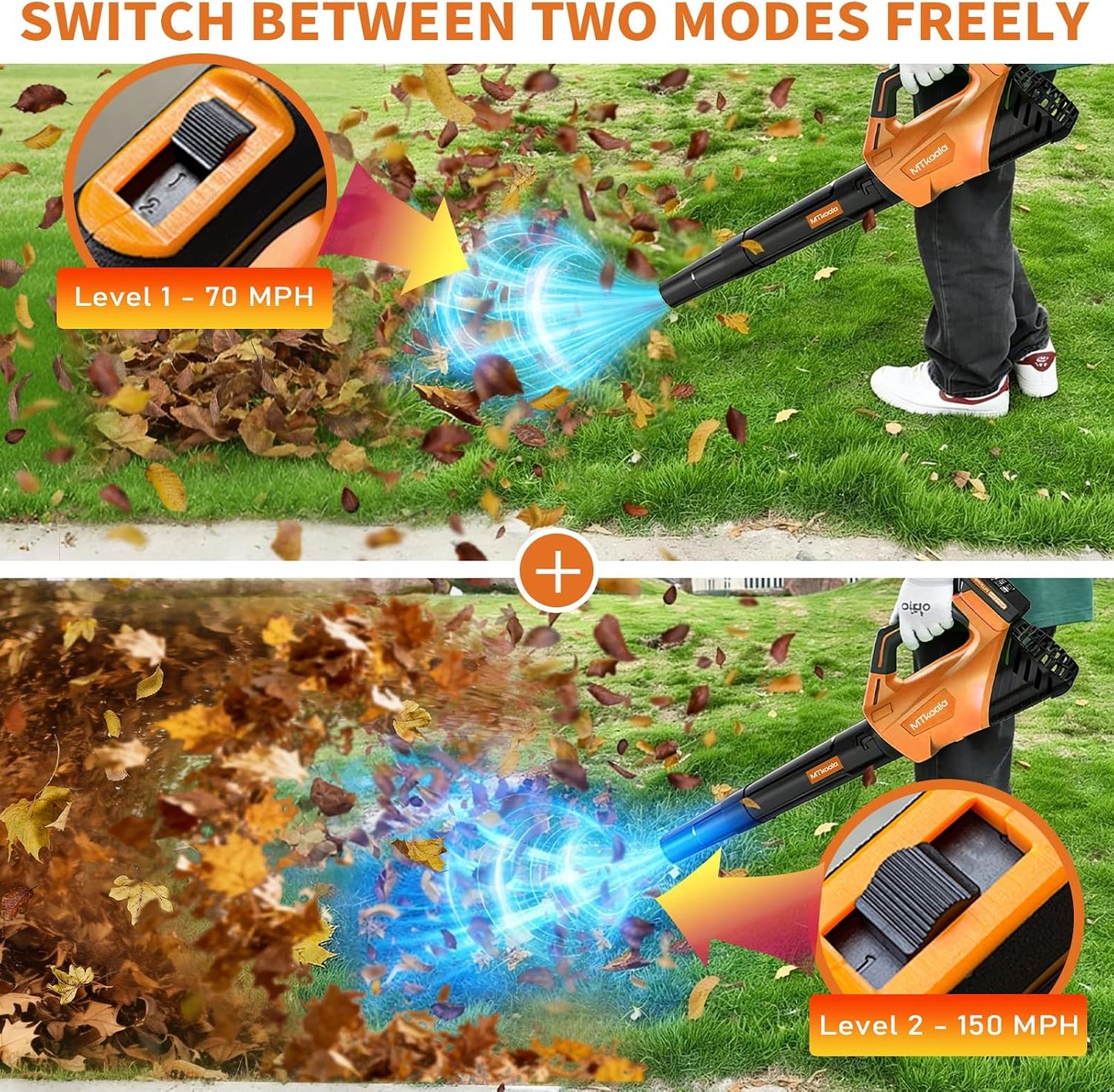 Leaf Blower, Leaf Blower Cordless with 2 * 2.6AH Batteries and Fast Charger, 450CFM &150MPH and 2 Speed Mode, Lightweight Electric Leaf Blowers for Lawn, Yard, Leaves, Dust Care (Orange)