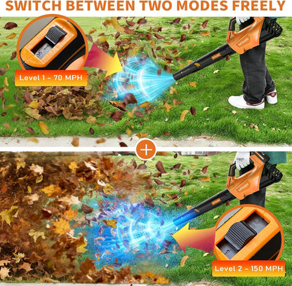 Leaf Blower, Leaf Blower Cordless with 2 * 2.6AH Batteries and Fast Charger, 450CFM &150MPH and 2 Speed Mode, Lightweight Electric Leaf Blowers for Lawn, Yard, Leaves, Dust Care (Orange)