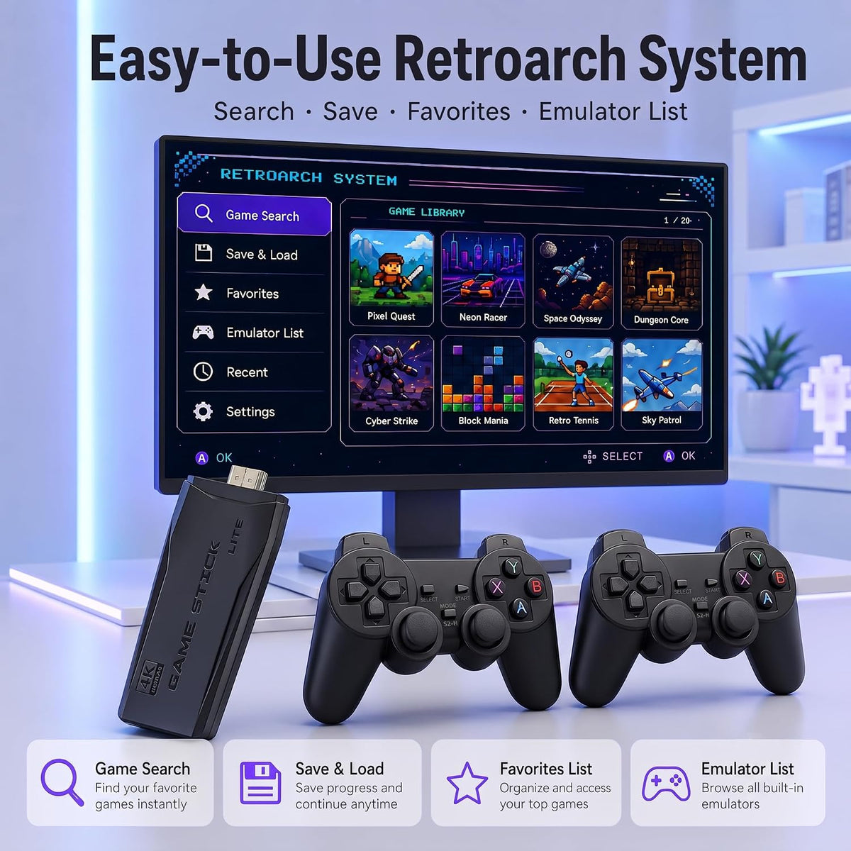 M8 Plus Retro Game Console Stick, 20000+ Classic Video Games Built-in 64GB, 23 Emulators Plug and Play TV Game Stick with Dual 2.4G Wireless Controllers, 4K HDMI Output for TV/Monitor/Projector