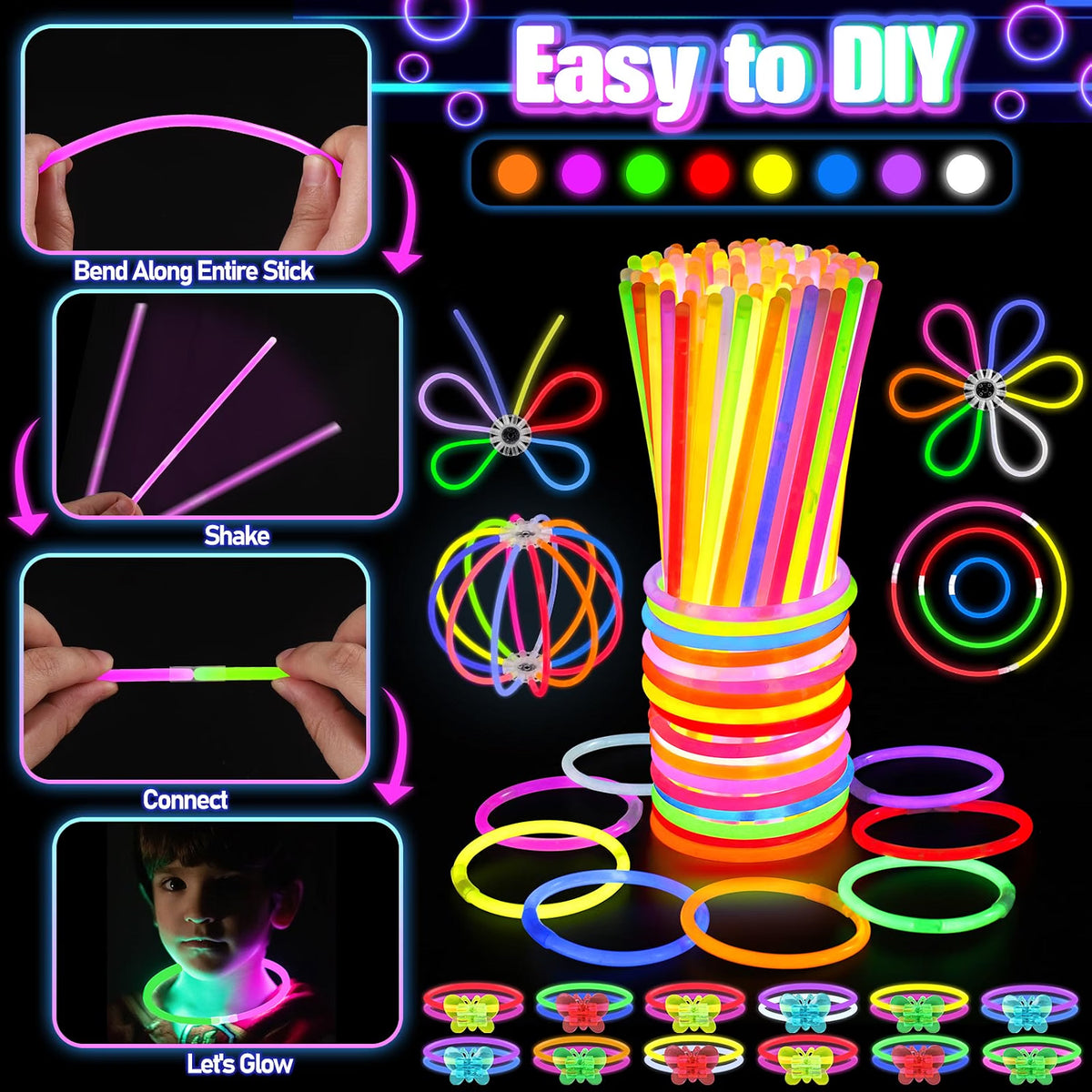 TSDATOWR 150-Piece Glow in the Dark Party Supplies for Kids & Adults, LED Glasses, Headbands, Rings & Glow Sticks with DIY Connectors, Neon Light-Up Party Kit