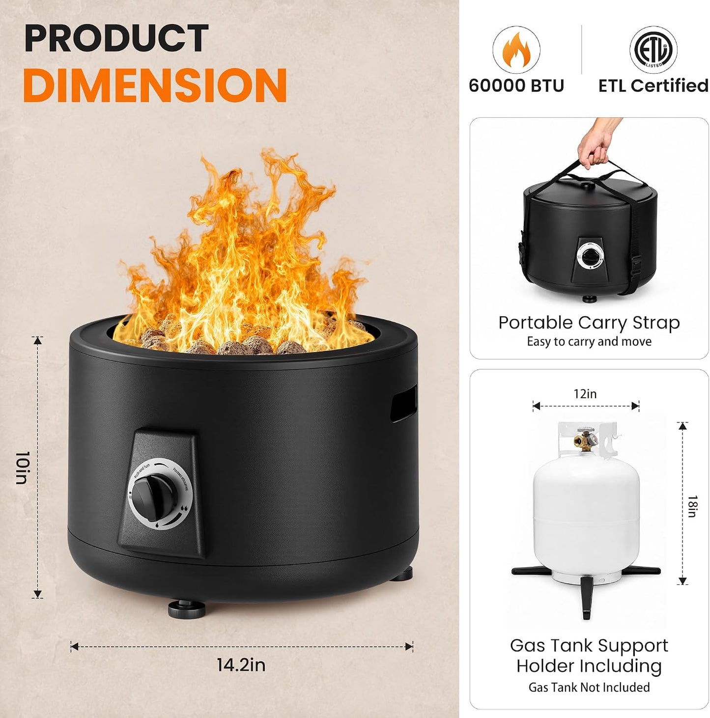 Pamapic Portable Propane Fire Pit, 60000BTU Outdoor Smokeless Gas Fire Pit, Patio Fire Pit Easy Setup and Storage for Camping, Patio, Backyard