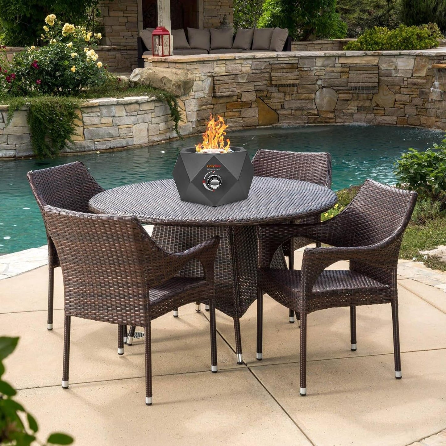 14" Modern Gas Fire Pit Side-Mounted, Tabletop Fireplace, FP004 Portable Outdoor Propane Firepit with Glass Stones for Patio Backyard Porch Camping RV Tailgating, 5400BTU