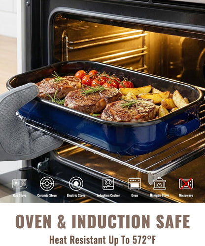 Enamel Turkey Roasting Pan with Rack Set, Casserole Dishes 14&17 Inch 6 Pieces Domed Lid Deep Oval Roasting Pan for Oven, Dishwasher Safe Non-Stick, Gift for Thanksgiving & Christmas Roaster Pot