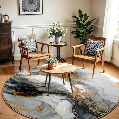 Black Gray Gold Abstract Modern Marble Art Deco Round Rug 10Ft, Washable