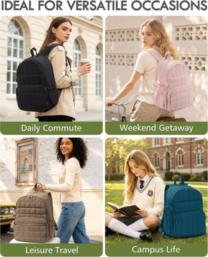 Bagstellar Travel Backpack for Women, 15.6" Puffer College Laptop Backpack 27L Quilted Work Back Pack w/ Double Zipper, 18 Pockets, Giant Tumbler Holder, Water Resistant Teacher Nurse Computer Bookbag