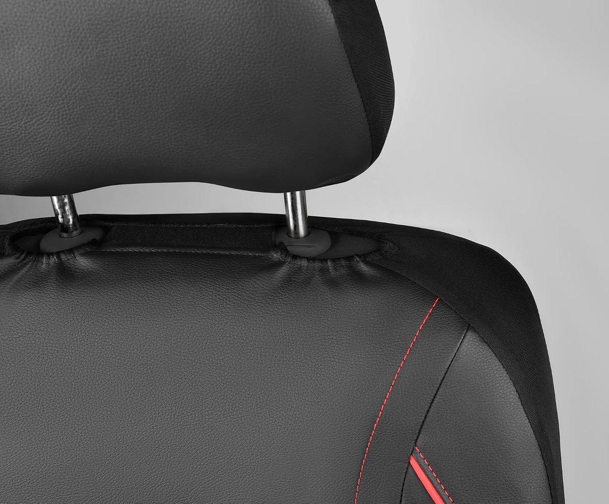 CAR PASS Universal FIT Piping Leather Two Front Seat Covers, Waterproof Faux Leather for SUV Sedan Van Truck, Airbag Compatible,Reserved Opening Holes for Headrest Covers. (Black red)