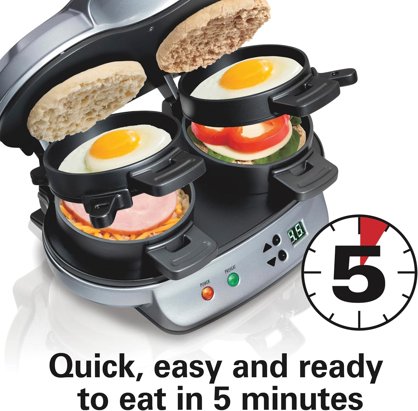 Hamilton Beach Dual Breakfast Sandwich Maker with Egg Cooker Rings & Timer Perfect for English Muffins, Croissants, Mini Waffles | Customizable & Fast |PFAS-Free | Silver | 25490MNA