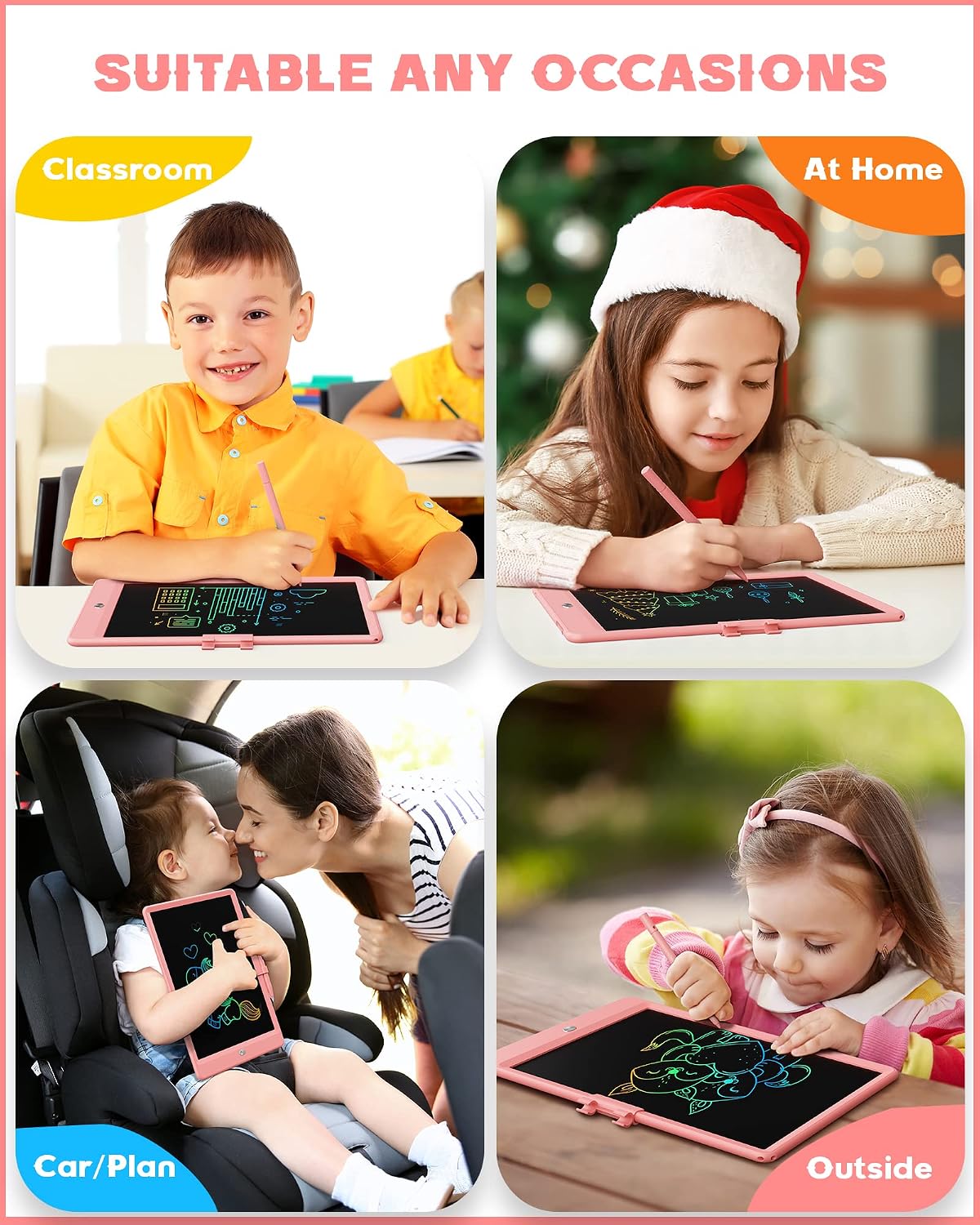 bravokids 10-Inch LCD Writing Tablet for Kids Ages 3-8, Electronic Doodle Board with Colorful Screen, Erasable Drawing Pad, Stylus, Anti-Shock Design, Pink