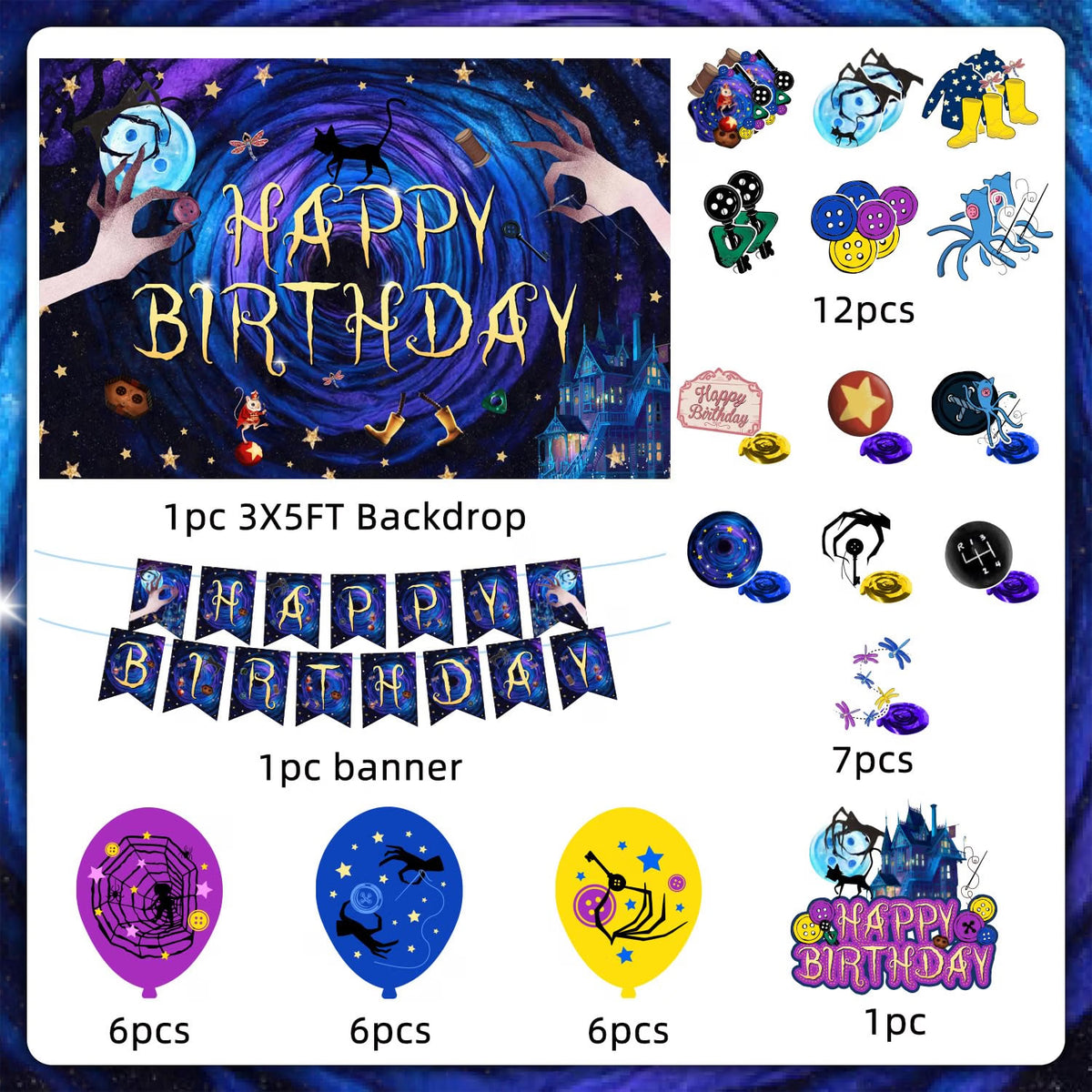 tetcuican 40-Piece Horror Birthday Party Decorations, Blue & Purple Gothic Theme Set with Banner, Balloons, Backdrop, Hanging Swirls, Cake & Cupcake Toppers