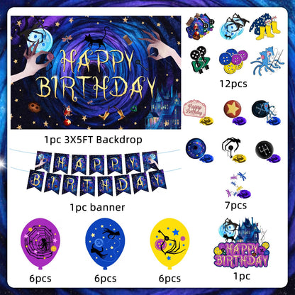 tetcuican 40-Piece Horror Birthday Party Decorations, Blue & Purple Gothic Theme Set with Banner, Balloons, Backdrop, Hanging Swirls, Cake & Cupcake Toppers