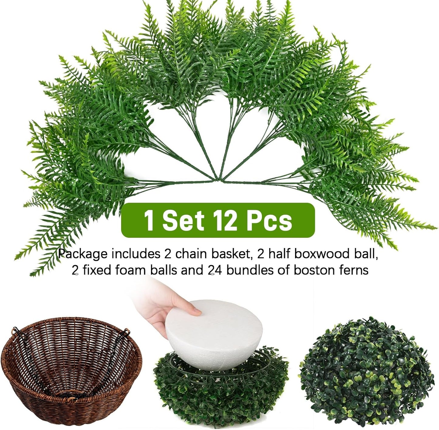Waipfaru 2 Pack Fake Hanging Fern Plants Outdoor - Green UV Resistant Artificial Outdoor Hanging Plants, Realistic Faux Greenery Fern for Patio Front Porch Garden Home Decor