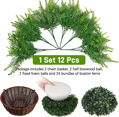 Waipfaru 2 Pack Fake Hanging Fern Plants Outdoor - Green UV Resistant Artificial Outdoor Hanging Plants, Realistic Faux Greenery Fern for Patio Front Porch Garden Home Decor