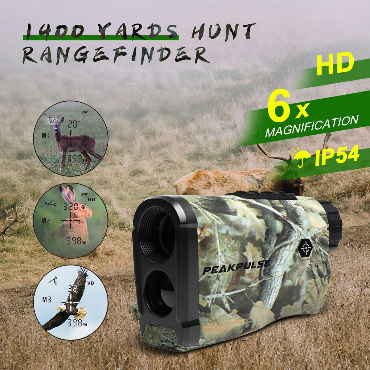 PEAKPULSE Hunting Range Finder 1400 Yards, 6X Laser Rangefinder with Angle, Horizontal & Vertical Measurement, IP54 Water Resistant, LC1200A-GR