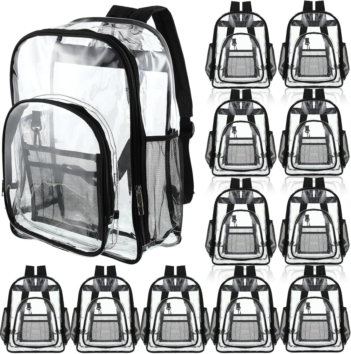 Sadnyy 12-Pack Clear Backpacks, 17-Inch Transparent PVC School Bookbags with Adjustable Shoulder Straps, Multiple Compartments & Side Mesh Pockets, Black