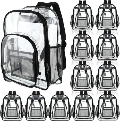 Sadnyy 12-Pack Clear Backpacks, 17-Inch Transparent PVC School Bookbags with Adjustable Shoulder Straps, Multiple Compartments & Side Mesh Pockets, Black