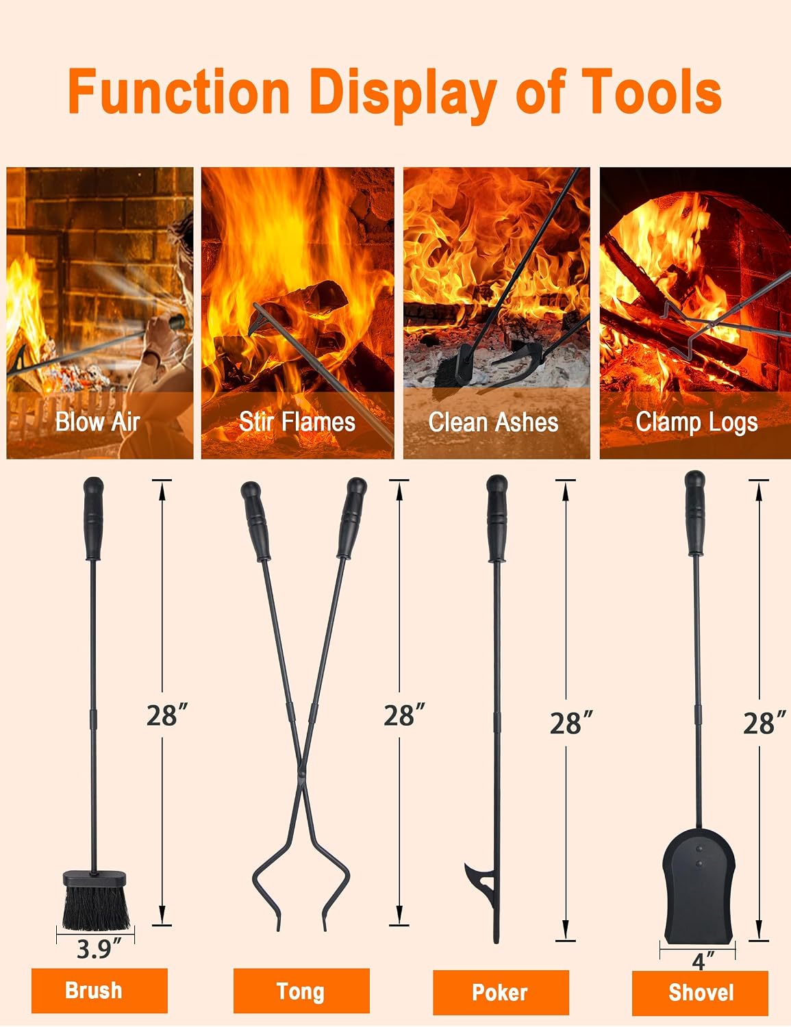 HyperionFlo Essentials 31.5-Inch 5-Piece Fireplace Tool Set with Stand