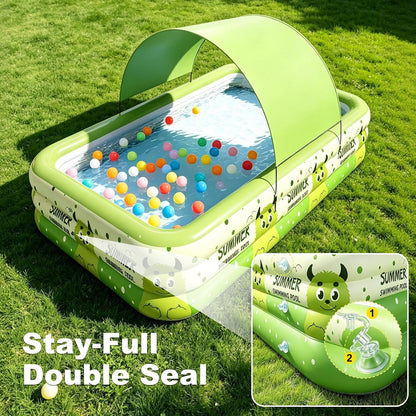 Kiddie Pool with Canopy 71" x 51" x 22", Inflatable Baby Pool with Detachable Sunshade, Portable Blow-Up Swimming Pool for Toddlers and Kids, Backyard Outdoor Water Play Pool, Green Monster