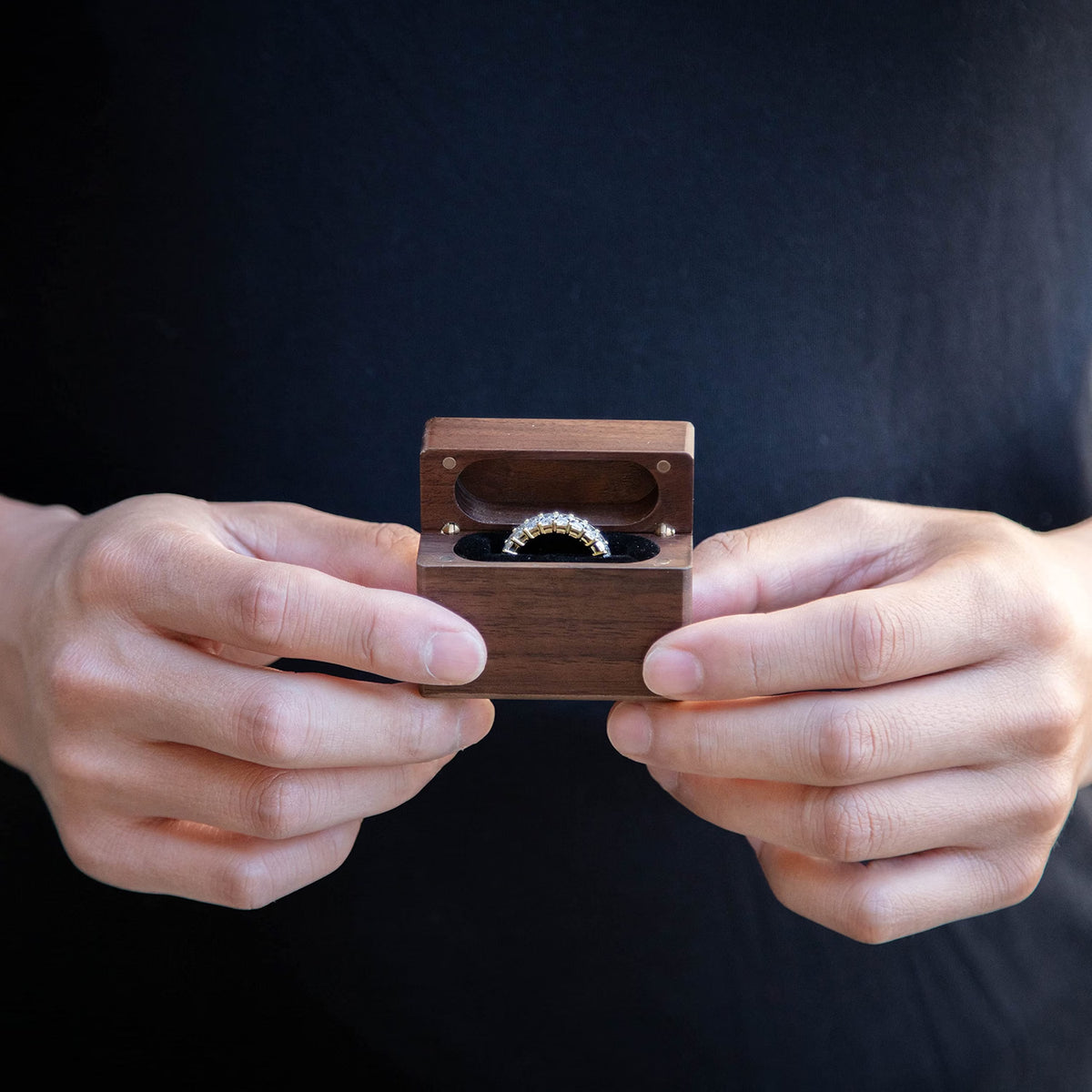 MUUJEE Slim Secret Wood Ring Box, Engraved Walnut Ring Holder for Engagement Proposal, Wedding Ceremony & Ring Bearer Gift, Rustic Brown