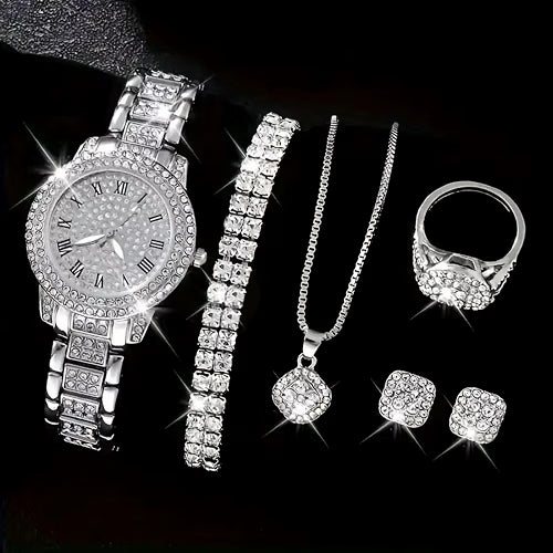 OLALACLAYCO Rhinestone Watch Jewelry Set, 6-Piece Rose Gold Bling Set with Watch, Necklace, Bracelet, Ring & Earrings, Hip Hop Style Fashion Jewelry