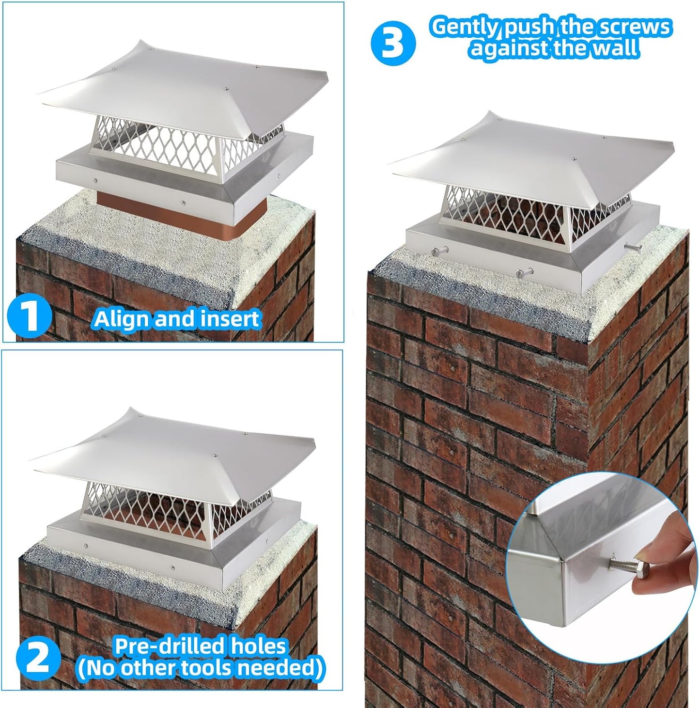 13" x 13" Chimney Cap Fireplace Chimney Cover for Outside Chimney Flue Cap Chimney Flue Cover Chimney Caps for Outside w/ Screen Hood Plate,Stainless Steel Chimney Rain Cap Roof Rain Guard Protector