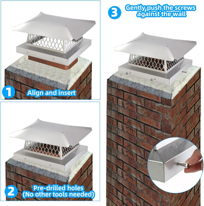 13" x 13" Chimney Cap Fireplace Chimney Cover for Outside Chimney Flue Cap Chimney Flue Cover Chimney Caps for Outside w/ Screen Hood Plate,Stainless Steel Chimney Rain Cap Roof Rain Guard Protector