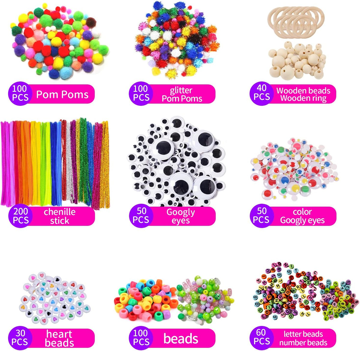 Itopstar 3000-Piece Kids Arts and Crafts Supplies, 3-Layer Portable Craft Box with Pipe Cleaners, Pom Poms, Beads, Feathers, Craft Sticks & DIY Accessories, Pink