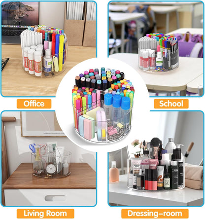 Acrylic Rotating Pen Holder, 360° Spinning Desk Organizer with 6 Compartments, Clear Desktop Caddy for Pens, Pencils, Markers, Crayons and Art Supplies