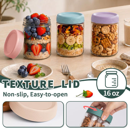 SECLENT Overnight Oats Containers with Lids, 6-Pack 16 oz Glass Mason Jars, Airtight Wide-Mouth Food Storage Jars for Yogurt, Chia Pudding & Meal Prep