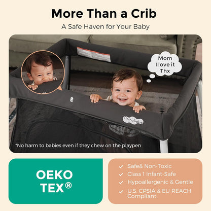 Pamo Babe Travel Pack and Play, Foldable Portable Playpen with Mattress, Infant Travel Crib, Grey