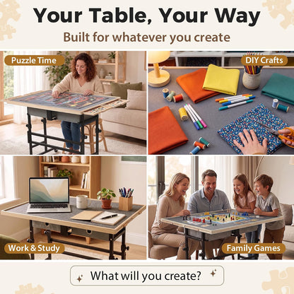 BuilderButler Puzzle Table for 2000 Pieces, 40.16" x 28.5" Adjustable Height & 45° Tilting Jigsaw Board with Wheels, 4 Wooden & 2 Fabric Drawers, Protective Cover