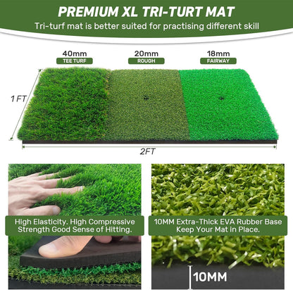 KLAODOT Golf Net with Practice Mat, 10 x 7 FT Golf Hitting Net with Multi-Target Pockets, 3-in-1 Turf Mat, 5 Balls, Rubber Tee, Stakes & Carrying Bag