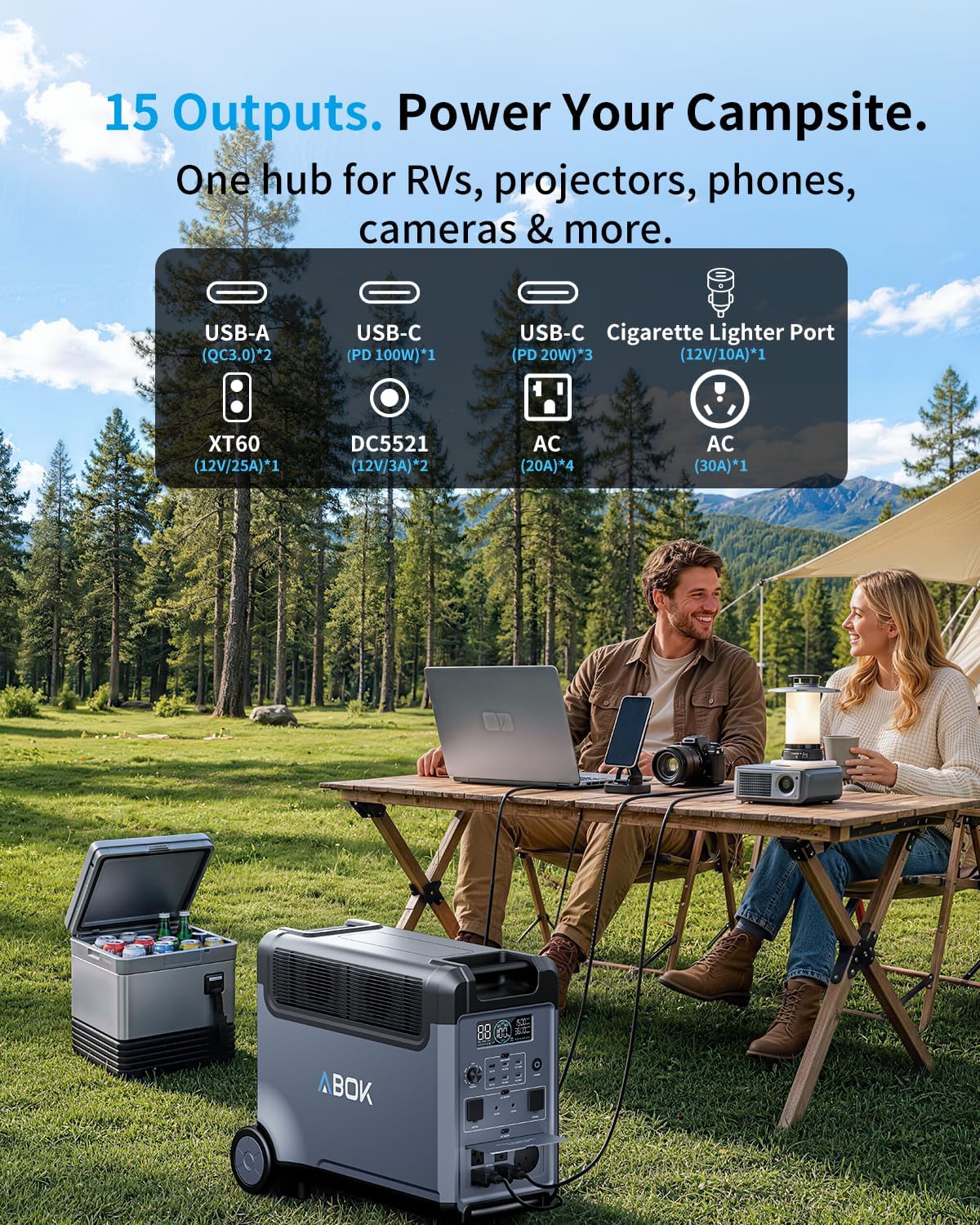 ABOK Ark3600 Portable Power Station with 3×200W Solar Panels 3840Wh LiFePO4 Battery, 3600W AC Output, Expandable to 11520Wh, 15 Outlets, Solar Generator for Home Backup, RV, Camping