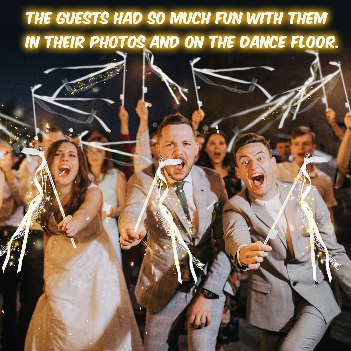 HONLYNE 100PCS Light Up Wedding Wands, LED Fairy Ribbon Wands with Bells, 3 Flashing Modes, Warm White Wedding Send-Off Streamers for Parties, Concerts & Celebrations