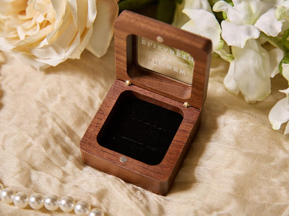MUUJEE Custom Walnut Ring Bearer Box with Glass Lid, Double Flip 2-Compartment Ring Box with Velvet Interior, Personalized Wedding & Engagement Ring Holder, Custom 2