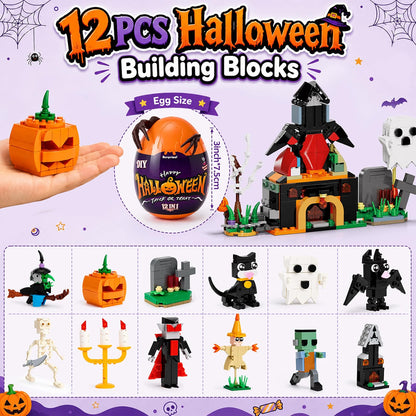 Cleboen Halloween Building Blocks Blind Eggs, 12-in-1 Haunted House Mini Building Block Sets, Surprise Eggs Party Favors for Kids Ages 6-12, Halloween Toys & Goodie Bag Stuffers