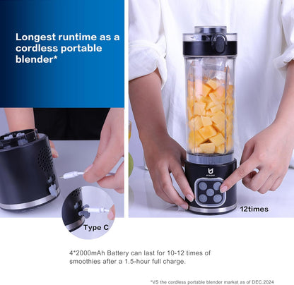 UTALENT Cordless Portable Blender, Ice Crush, 700W Motor, 25oz Cup, 4 Mode 700W Brushless Motor, USB-C rechargeable, Long-lasting, 25oz Tritan cup, Leakproof lid with sip spout, Dishwasher Safe Parts