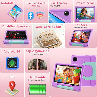 NextCheer 10.1-Inch Kids Tablet, Android 16, 6GB RAM, 64GB Storage, Expandable to 1TB, Dual-Band Wi-Fi, Parental Controls, Kids Tablet with Protective Case, Purple