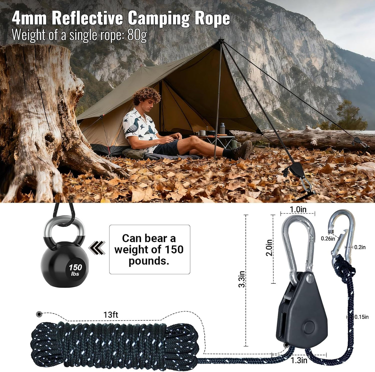 SOHIDAS Reflective Camping Guy Lines with Ratchet Pulley, 13FT Adjustable Tent Rope, 4mm Heavy-Duty Tarp Tie Down Cords with Auto-Lock Tensioner, Black
